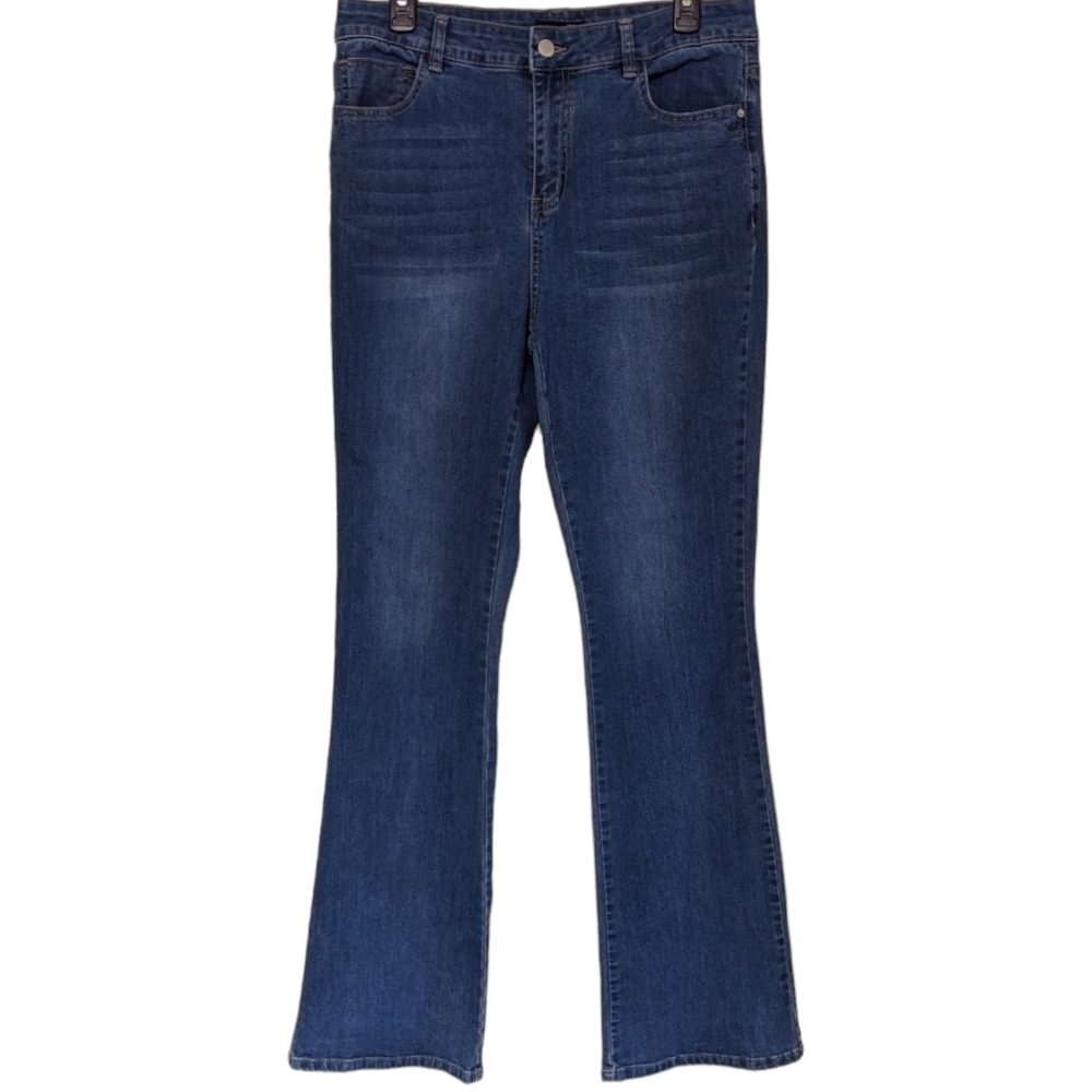 Medium wash long tall flared stretchy high rise jeans